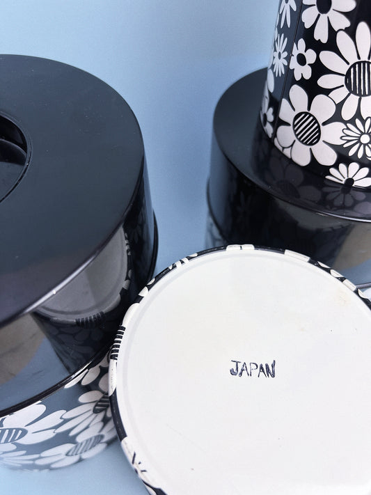 Vintage Black and White Midcentury Modern Flower Kitchen Canisters, Set of 4