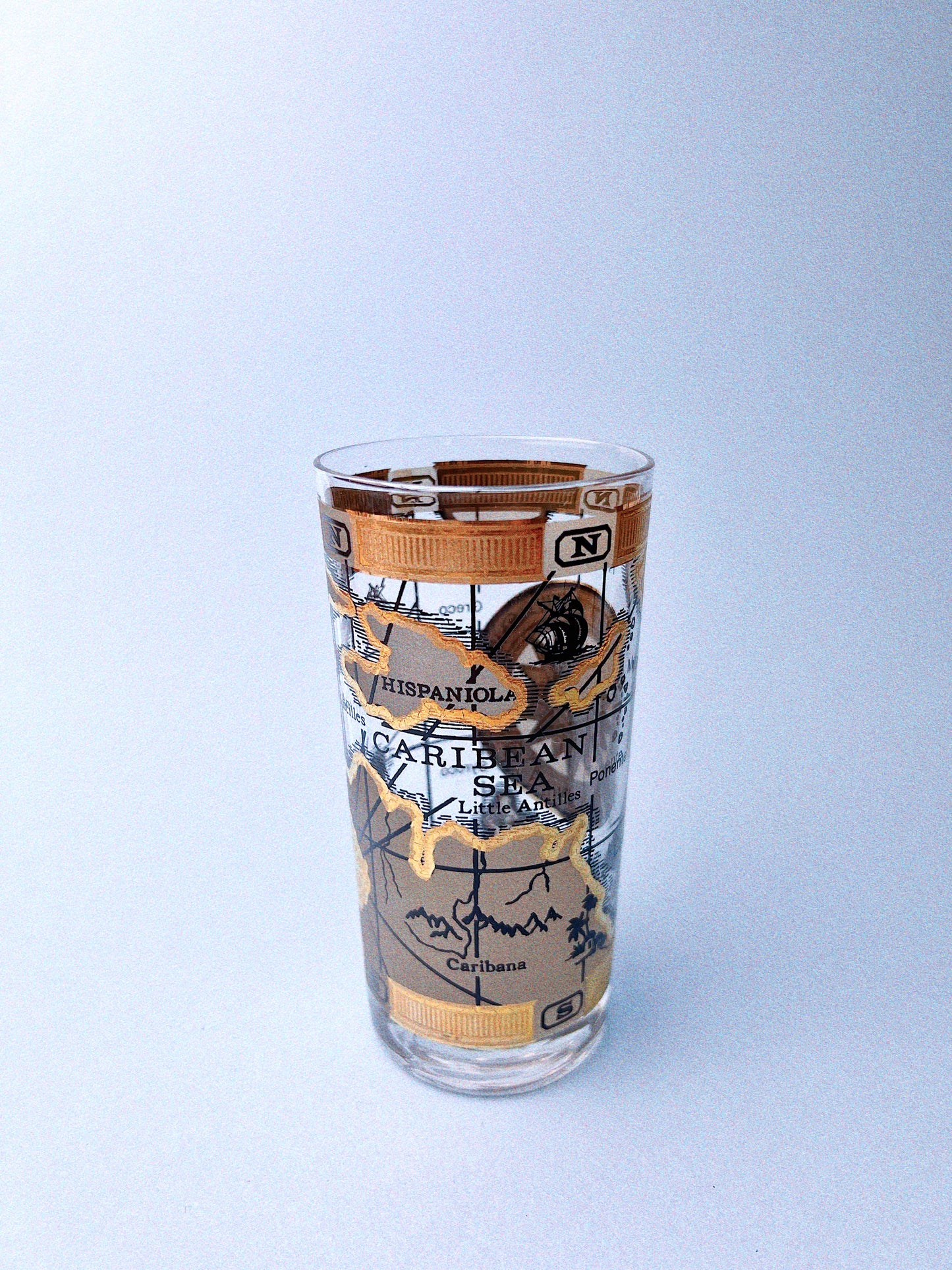 Old World Map High Ball Glasses, Set of 8 with Caddy