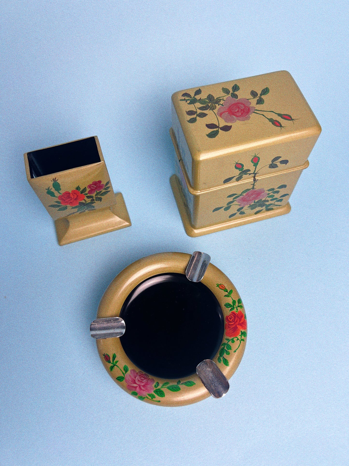 Vintage Japanese Hand Painted Lacquer Floral Smoking Set