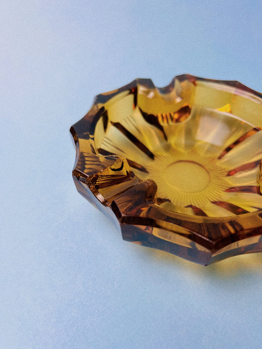 Vintage 70's Cut Glass Amber Ashtray