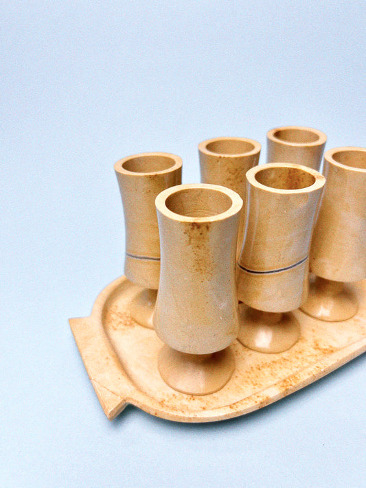 Vintage Hand Carved Marble Shot Glasses + Tray