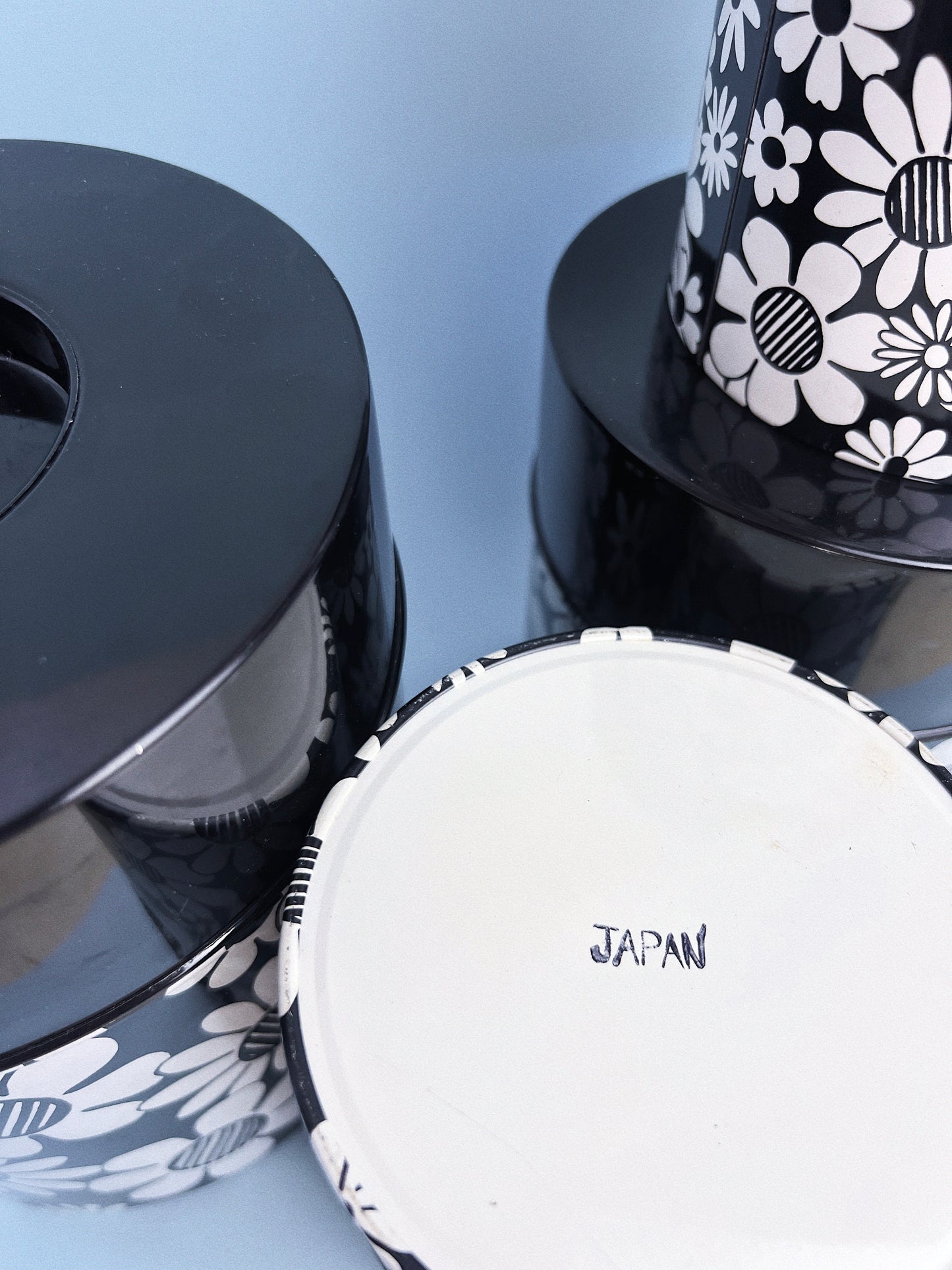 Vintage Black and White Midcentury Modern Flower Kitchen Canisters, Set of 4