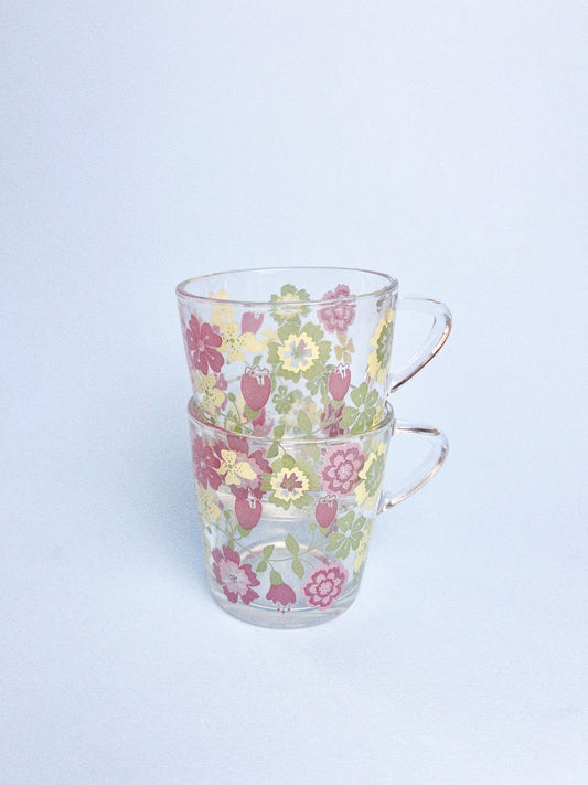 Vintage Ikea 'Godta' Floral Glass Mugs - Set of 2