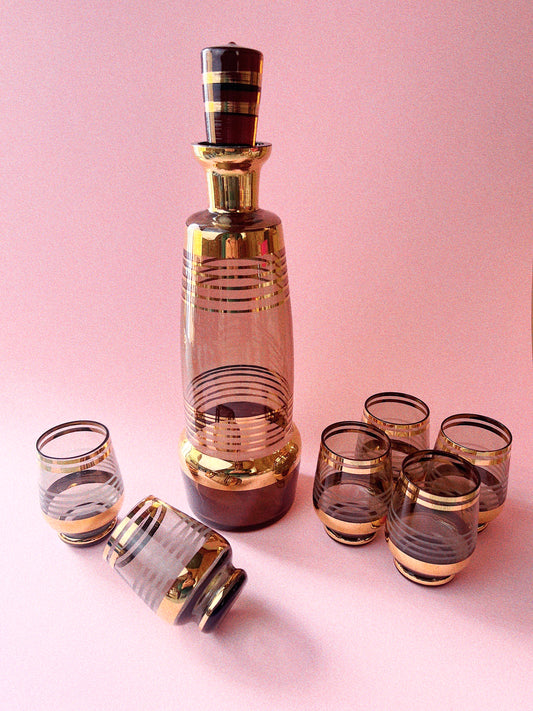 Vintage Bohemian Glass by Borske Sklo Bar Set | Decanter + 6 Glasses