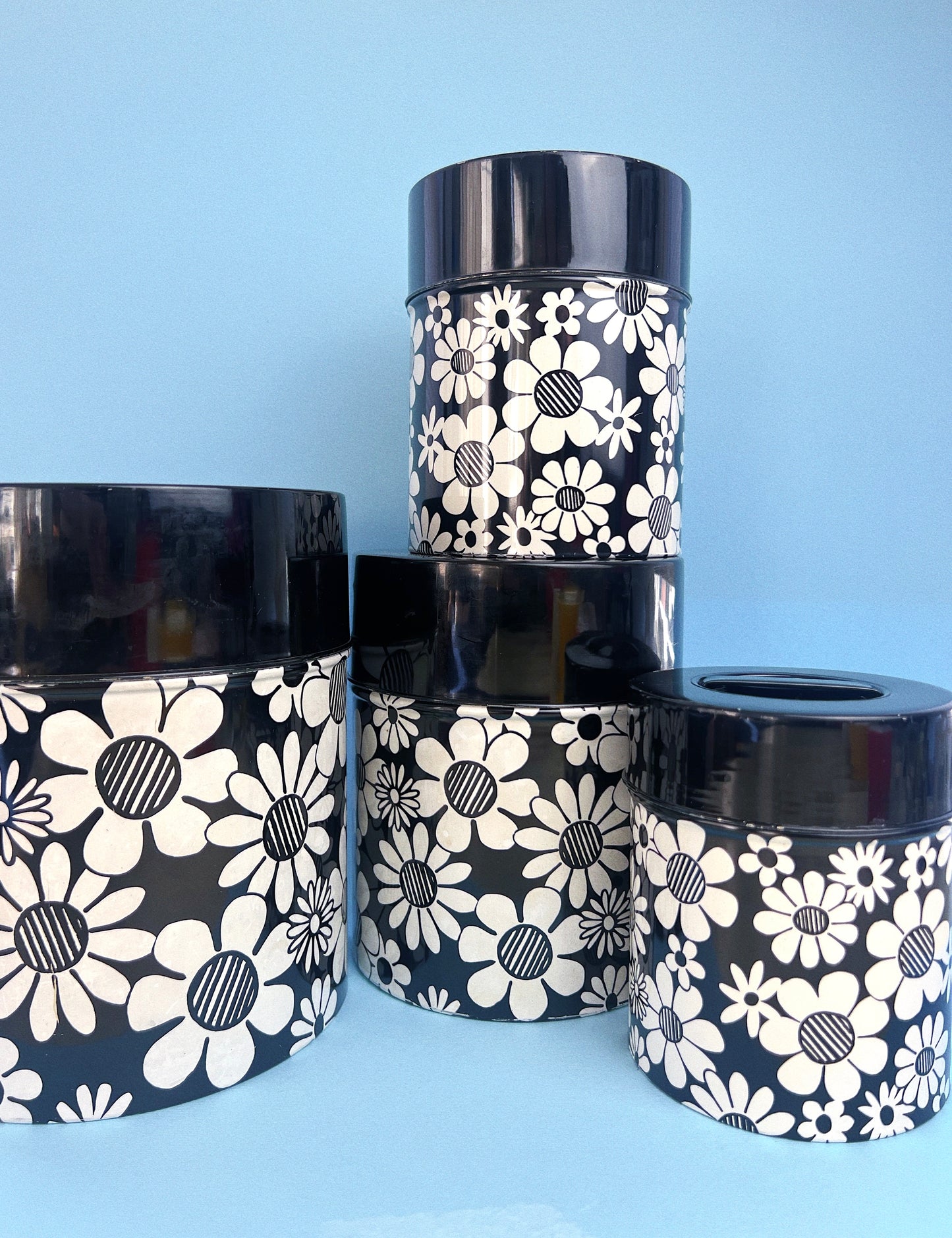 Vintage Black and White Midcentury Modern Flower Kitchen Canisters, Set of 4