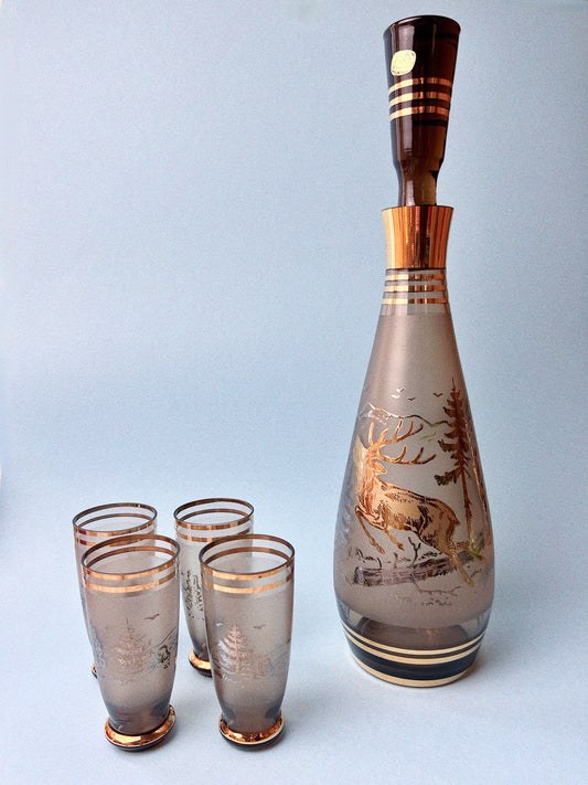 Vintage Bohemian Glass Egermann Stag Decanter Set