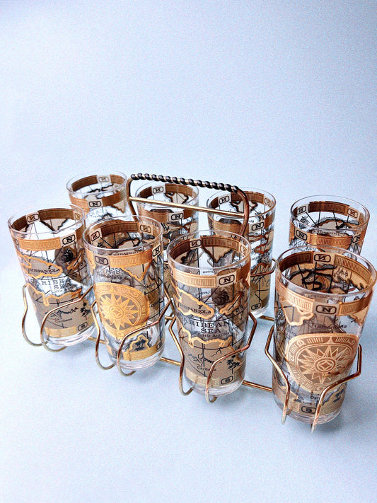 Old World Map High Ball Glasses, Set of 8 with Caddy