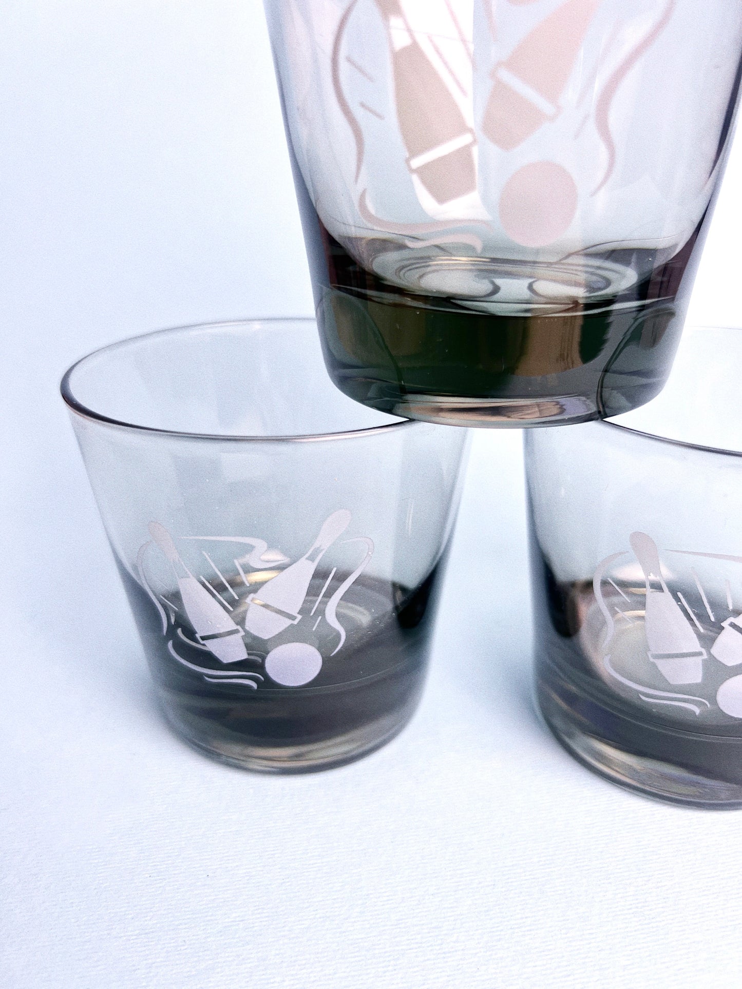 Vintage Libbey Smoked Glass “Bowling Strike” Whiskey Glasses, Set of 3