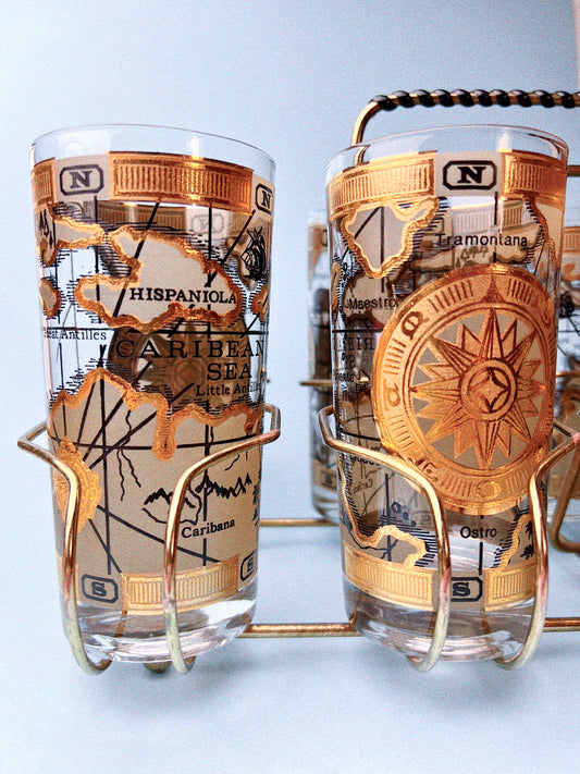 Old World Map High Ball Glasses, Set of 8 with Caddy