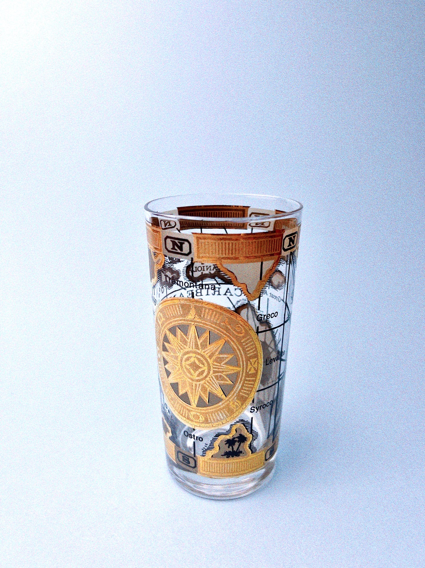 Old World Map High Ball Glasses, Set of 8 with Caddy