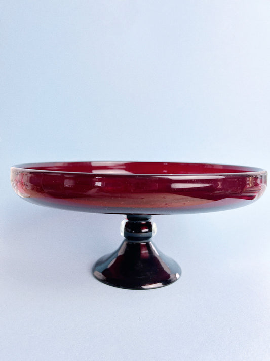 Vintage Ruby Red Glass Cake Stand | Midcentury 1960s