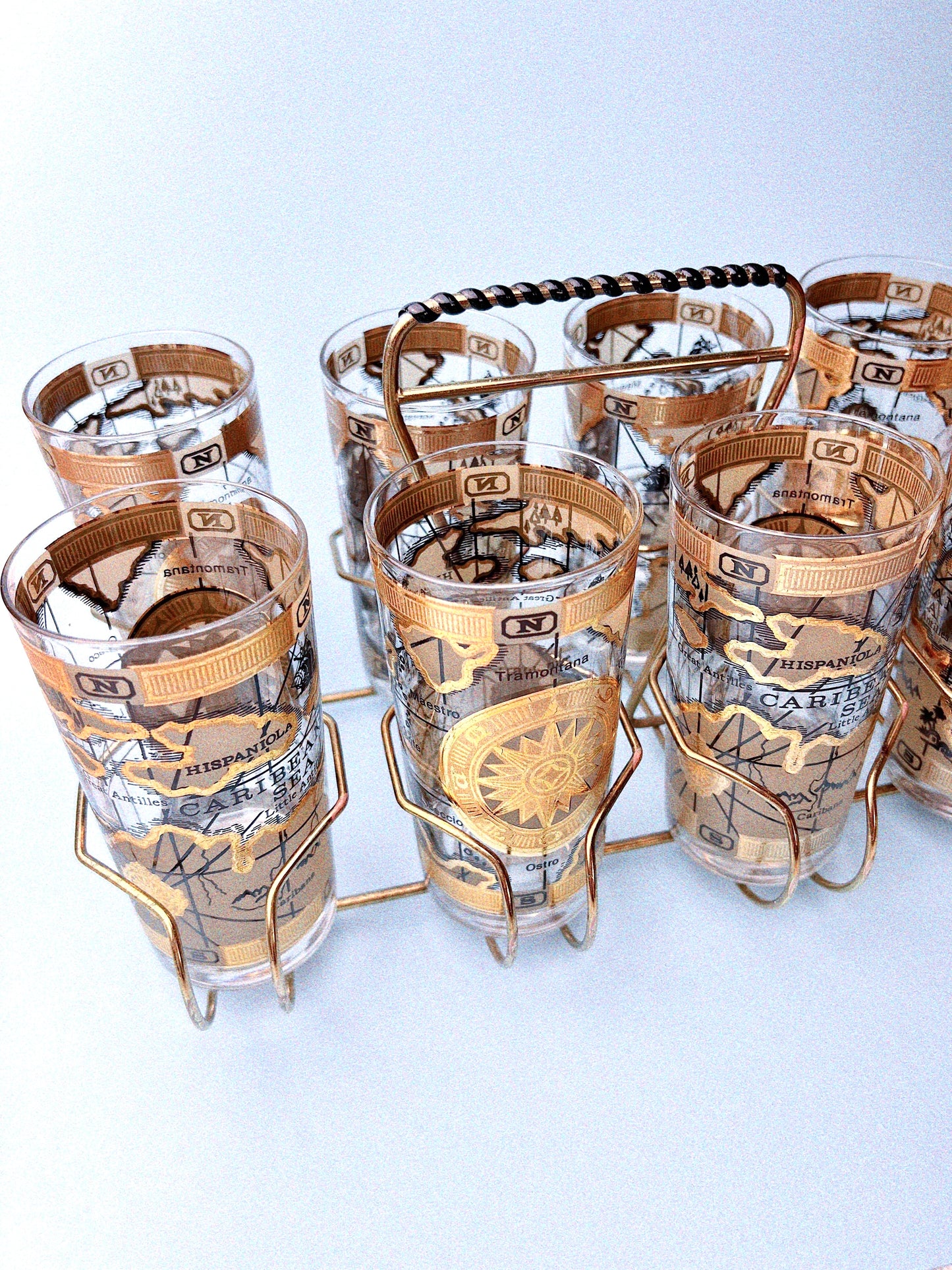 Old World Map High Ball Glasses, Set of 8 with Caddy