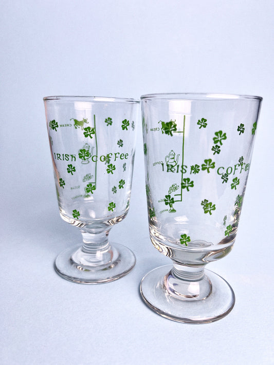Vintage Irish Coffee Footed Glasses with Recipe Label, Set of 2