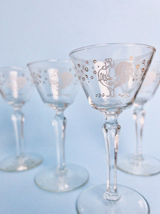 Vintage Chanticleer Rooster Champagne Coupes, Set of 6 | Libbey