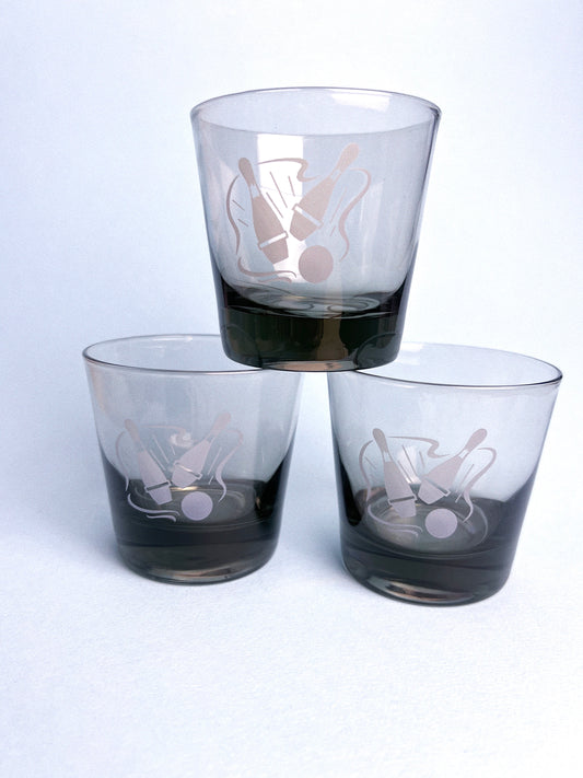 Vintage Libbey Smoked Glass “Bowling Strike” Whiskey Glasses, Set of 3
