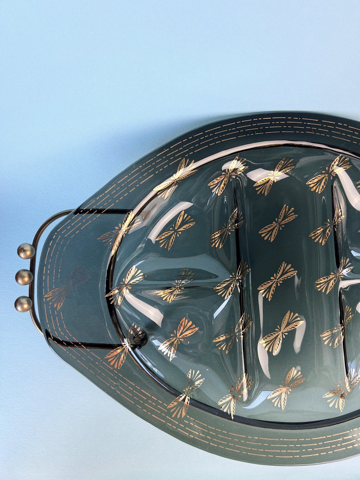 Houze Art Gold Gild Dragonfly Serving Sectioned Tray with Stand