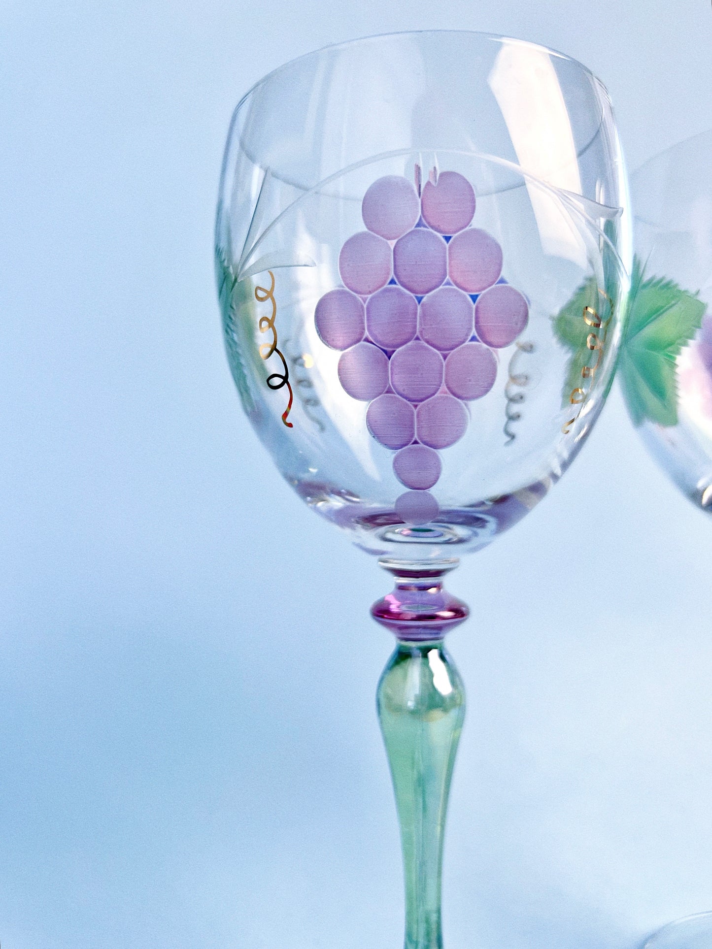 Vintage Etched Bohemian Glass Grape Wine Glasses, Set of 2