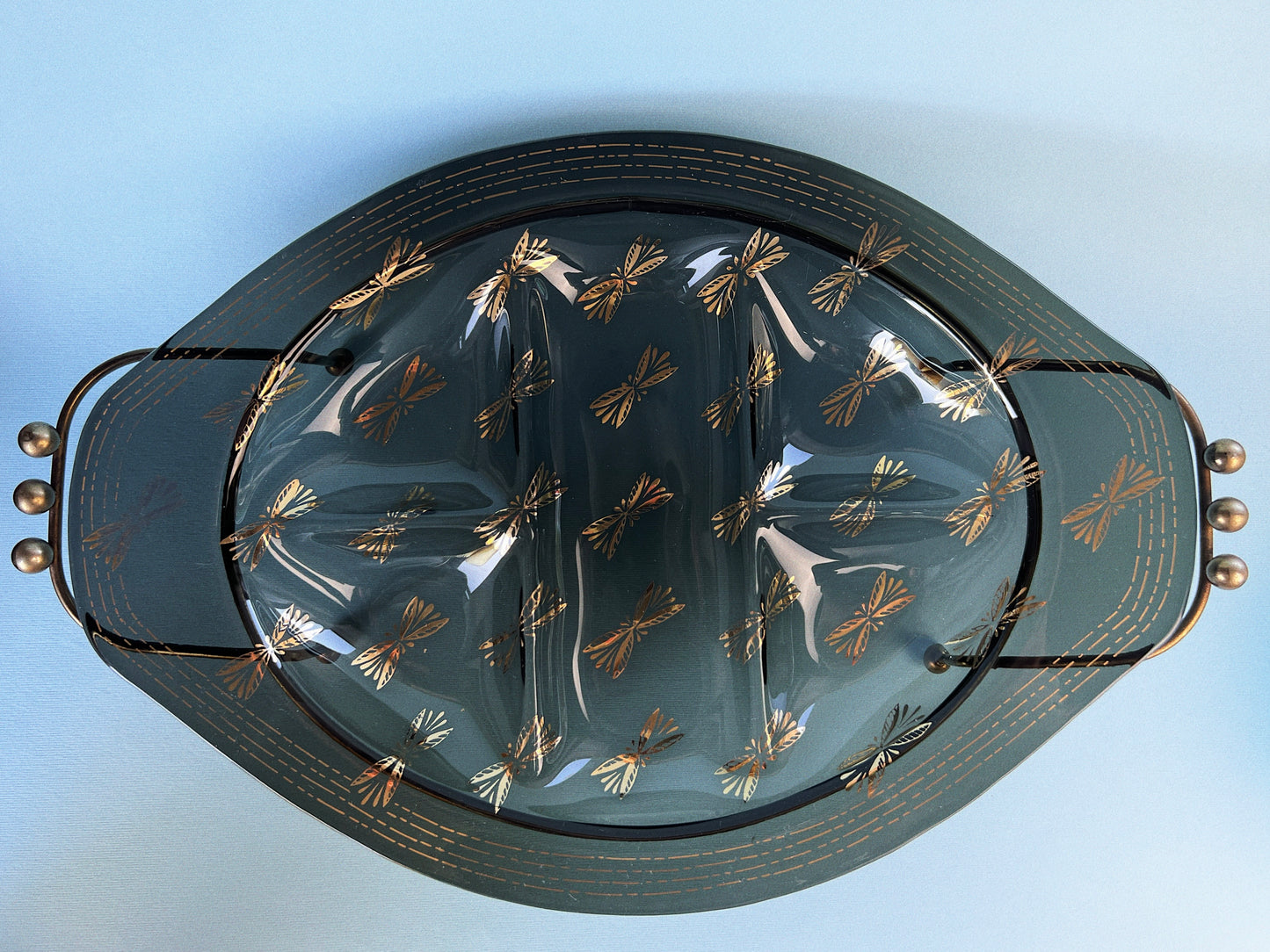 Houze Art Gold Gild Dragonfly Serving Sectioned Tray with Stand