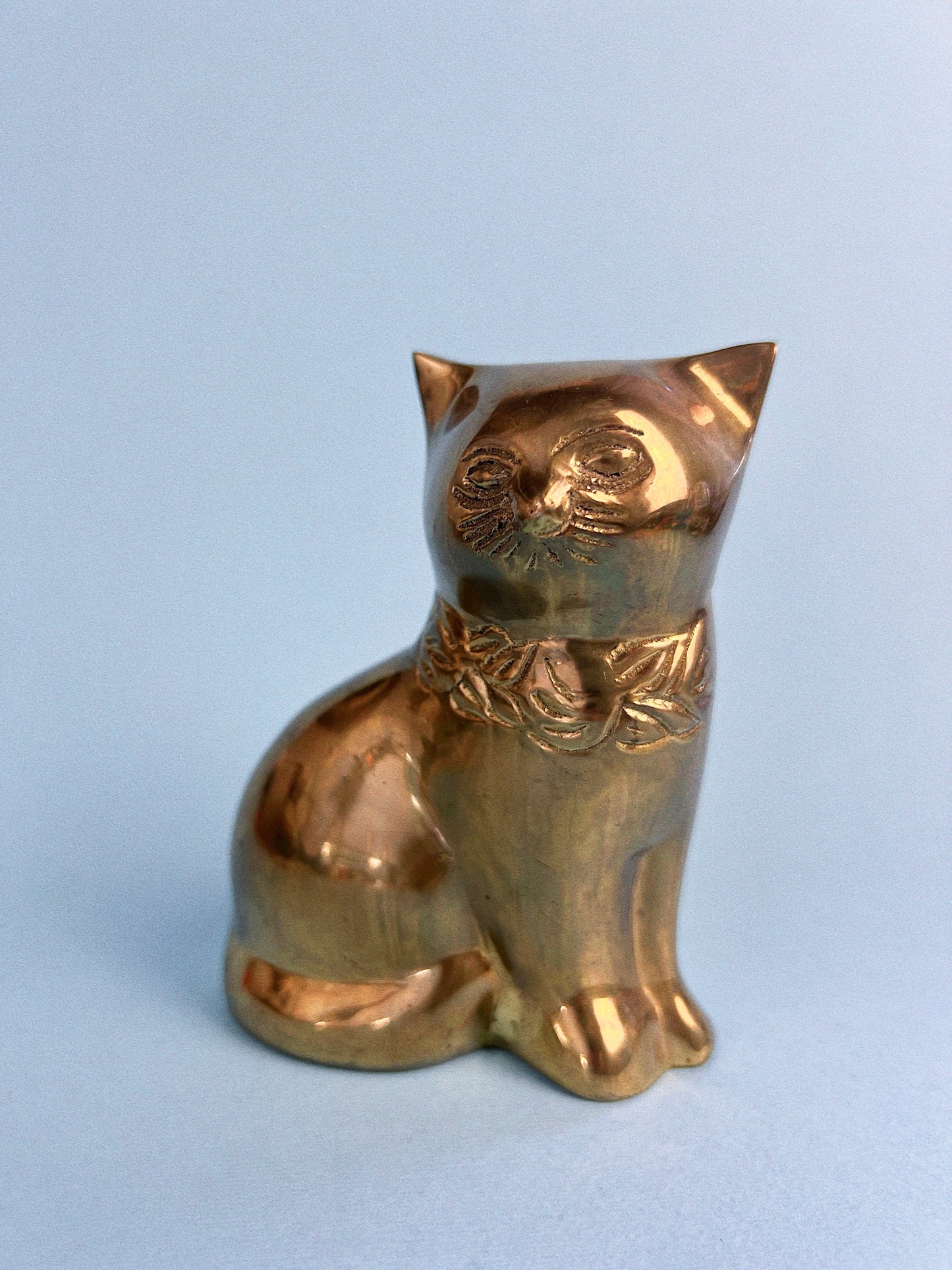 Vintage Brass Cat with Floral Collar