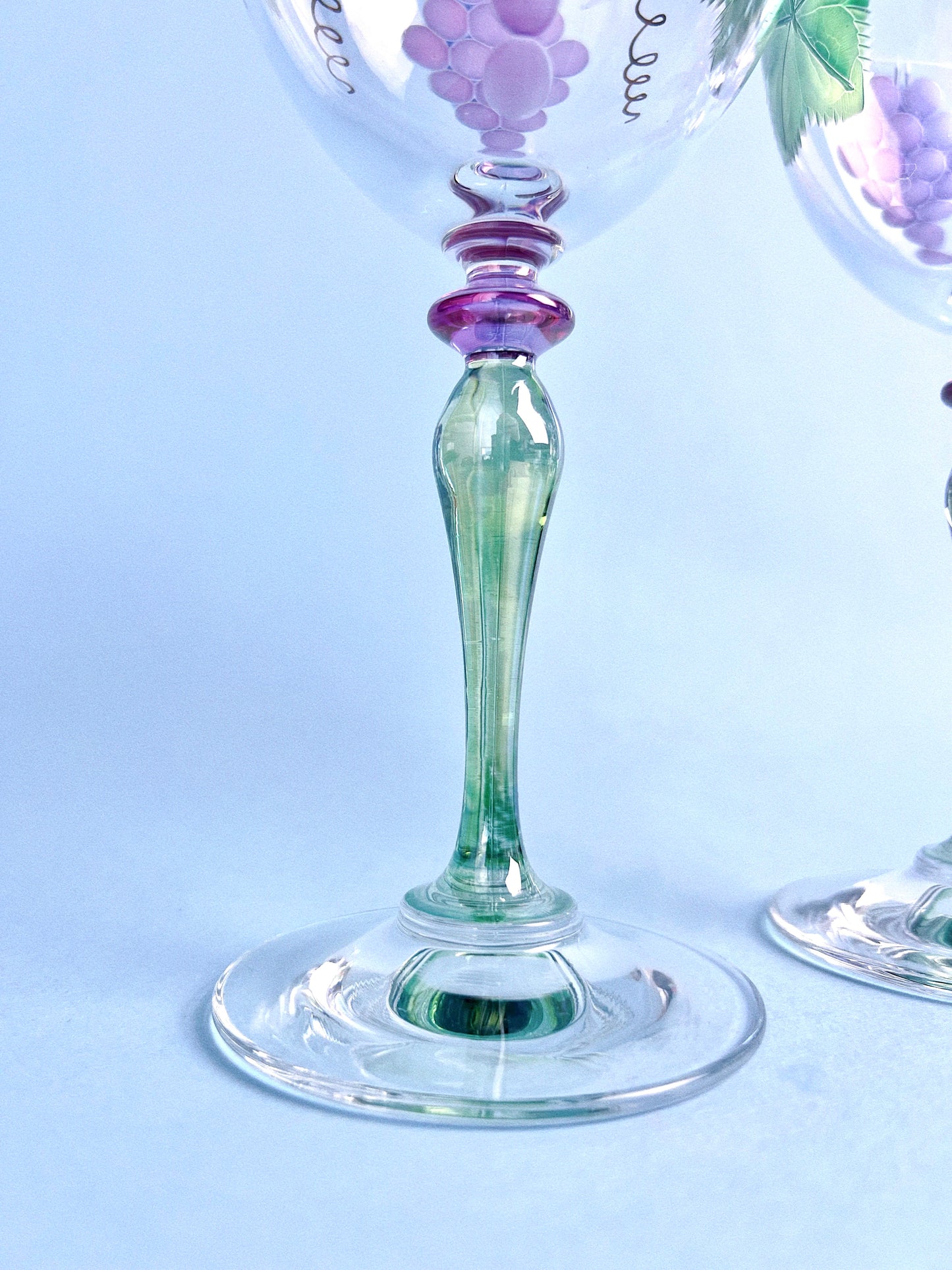 Vintage Etched Bohemian Glass Grape Wine Glasses, Set of 2