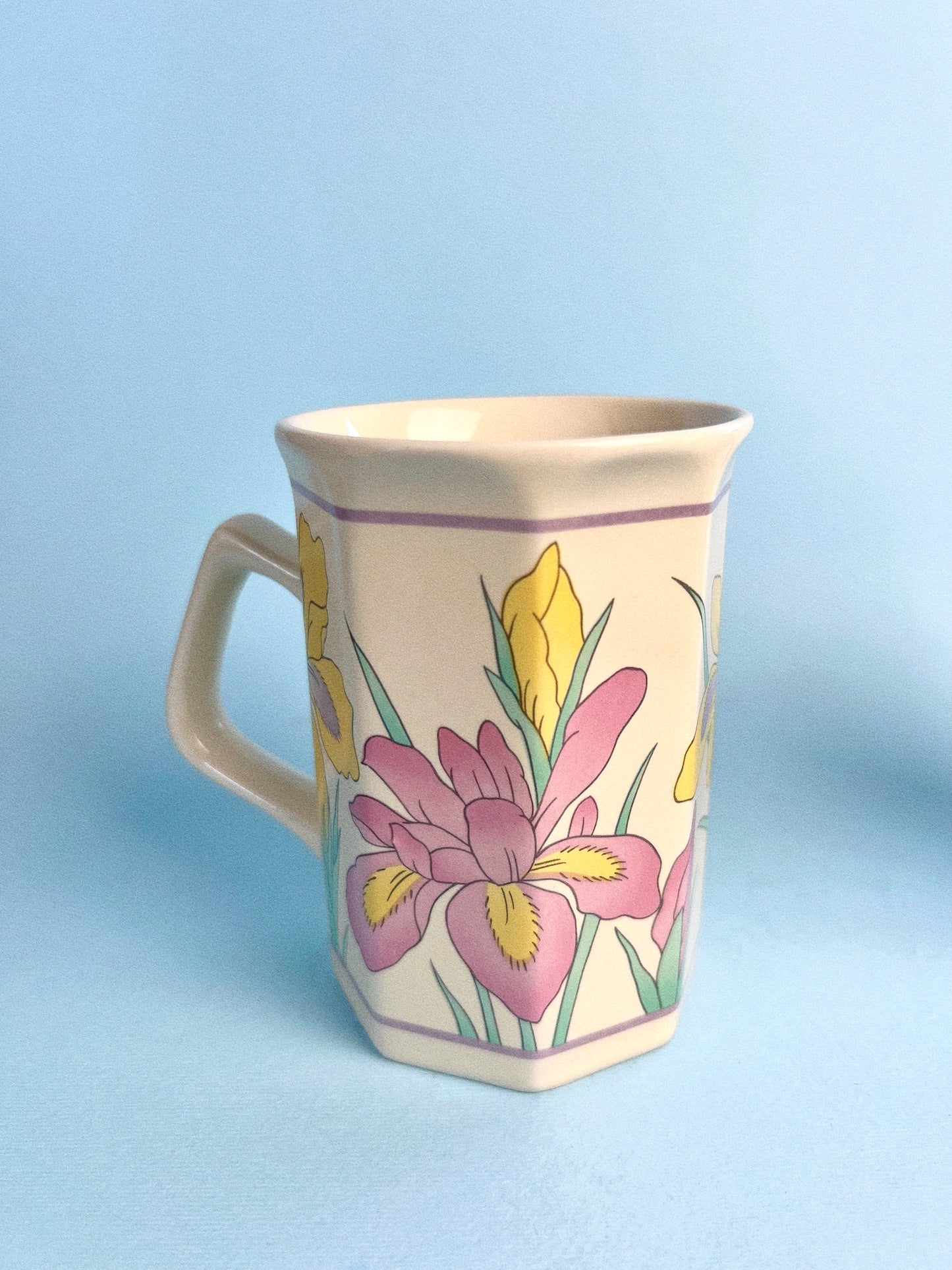 Vintage Pastel Iris Flower Octagonal Mugs, Set of 2