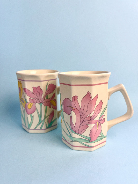 Vintage Pastel Iris Flower Octagonal Mugs, Set of 2