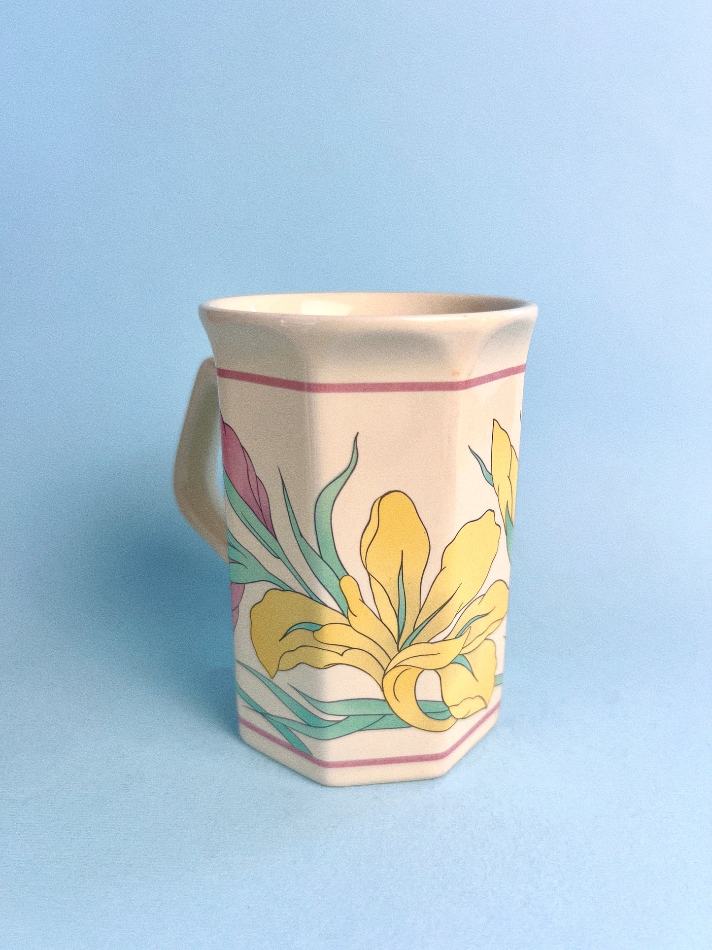 Vintage Pastel Iris Flower Octagonal Mugs, Set of 2