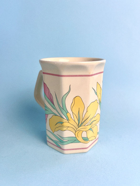 Vintage Pastel Iris Flower Octagonal Mugs, Set of 2