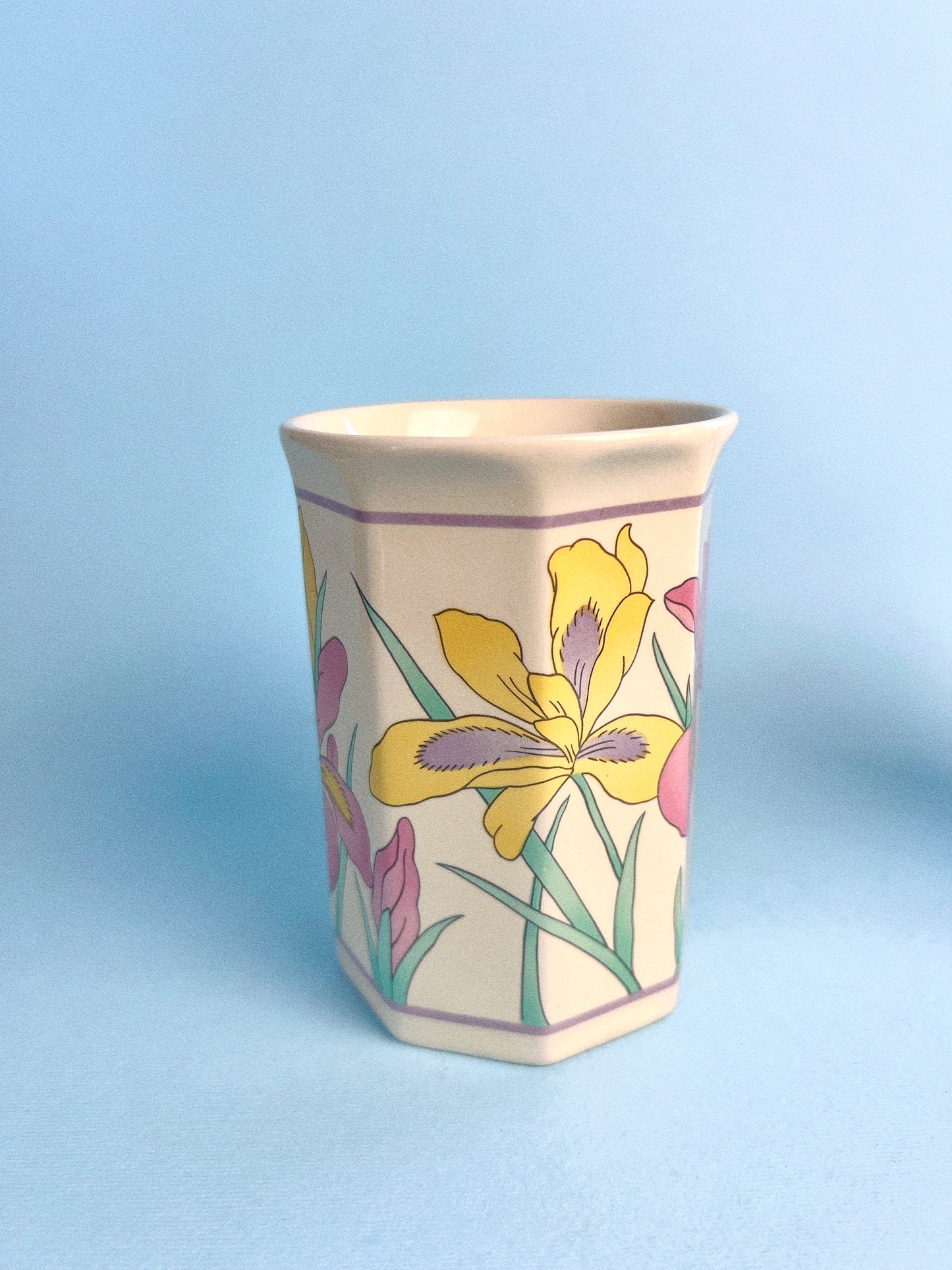 Vintage Pastel Iris Flower Octagonal Mugs, Set of 2