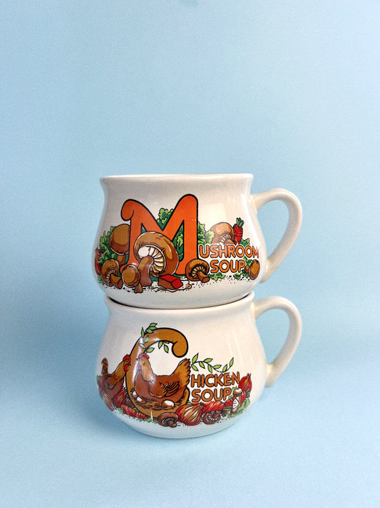 Vintage Chicken + Mushroom Soup Mugs, Set of 2