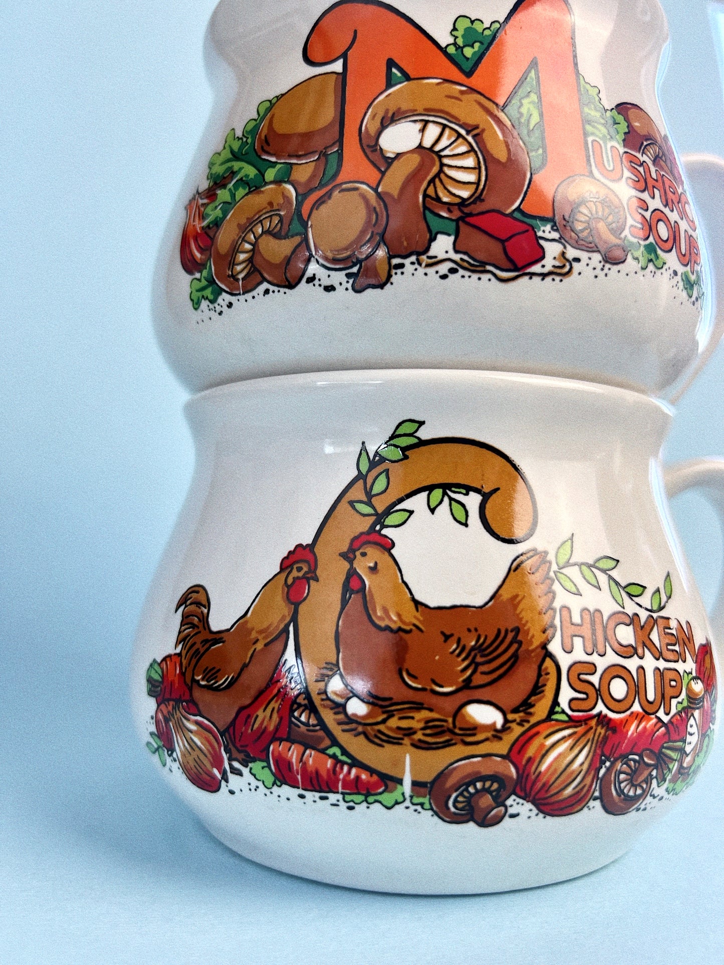 Vintage Chicken + Mushroom Soup Mugs, Set of 2