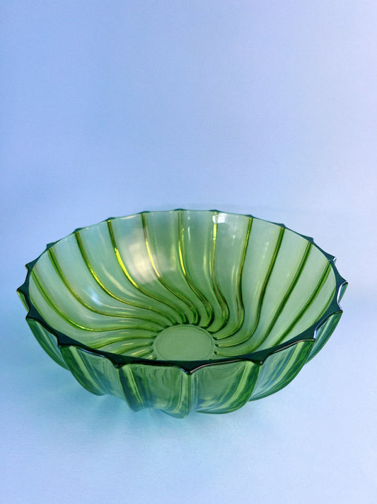 Vintage Hazel Atlas “Swirl” Green Ribbed Depression Glass Bowl