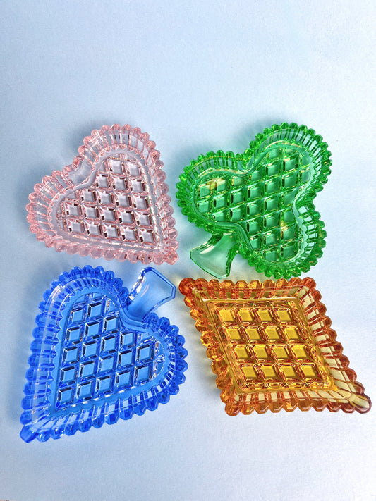 Vintage Bohemian Glass Card Suit Dishes, Set of 4