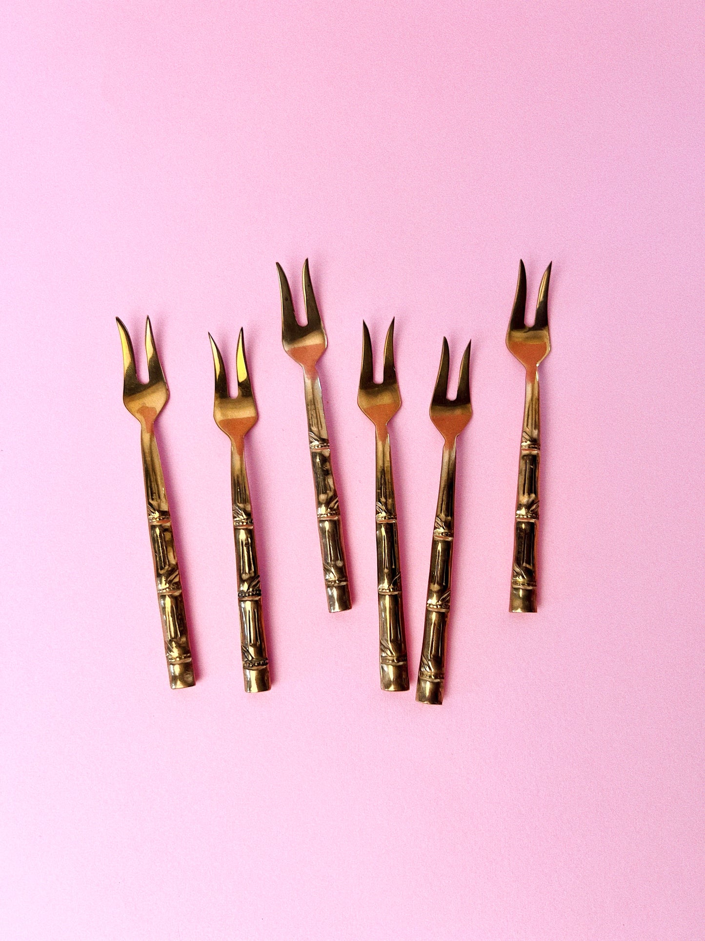 Vintage Brass Midcentury Modern Bamboo Appetizer Forks, Set of 6 *Rare*