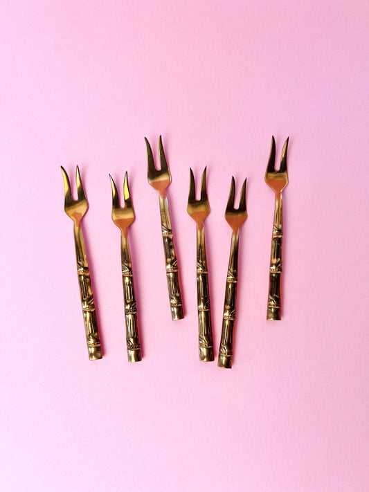 Vintage Brass Midcentury Modern Bamboo Appetizer Forks, Set of 6 *Rare*