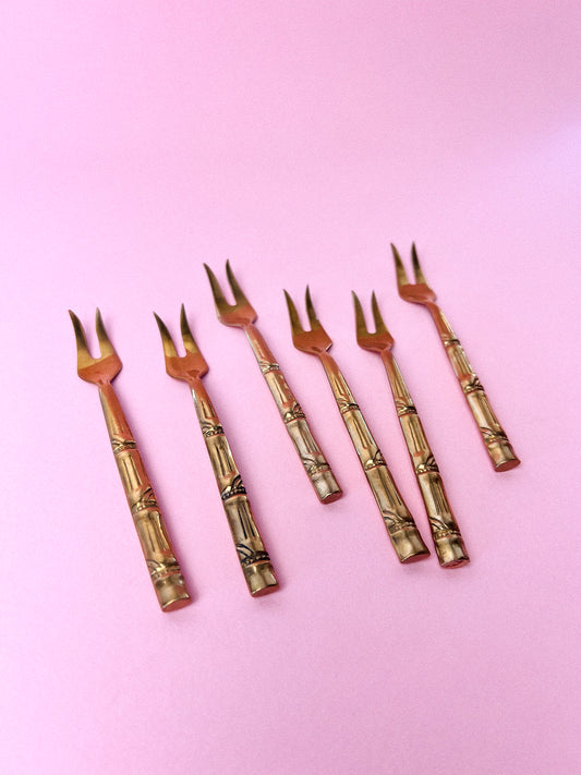 Vintage Brass Midcentury Modern Bamboo Appetizer Forks, Set of 6 *Rare*