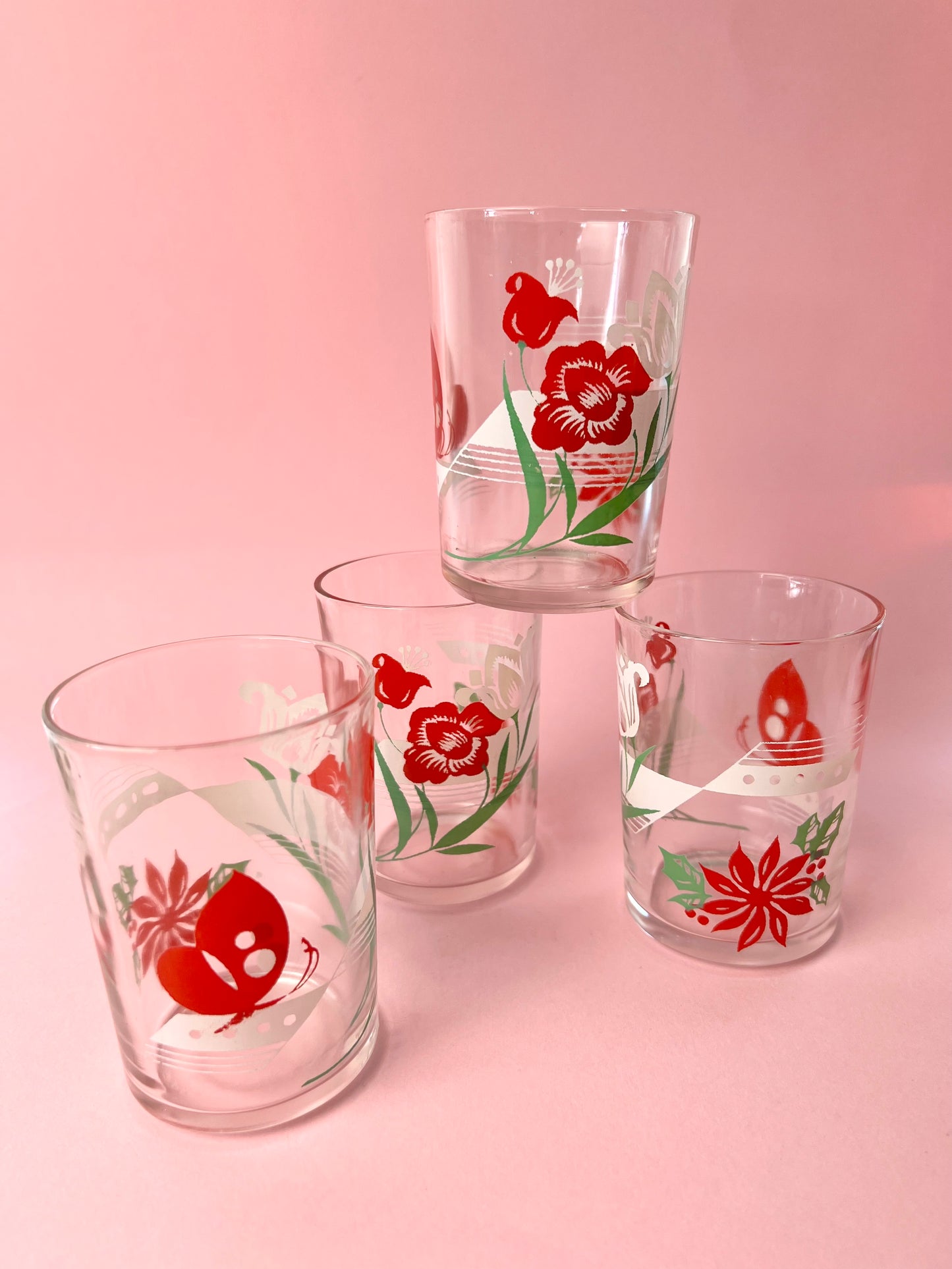 Vintage Midcentury Floral + Butterfly Juice Glasses, Set of 4