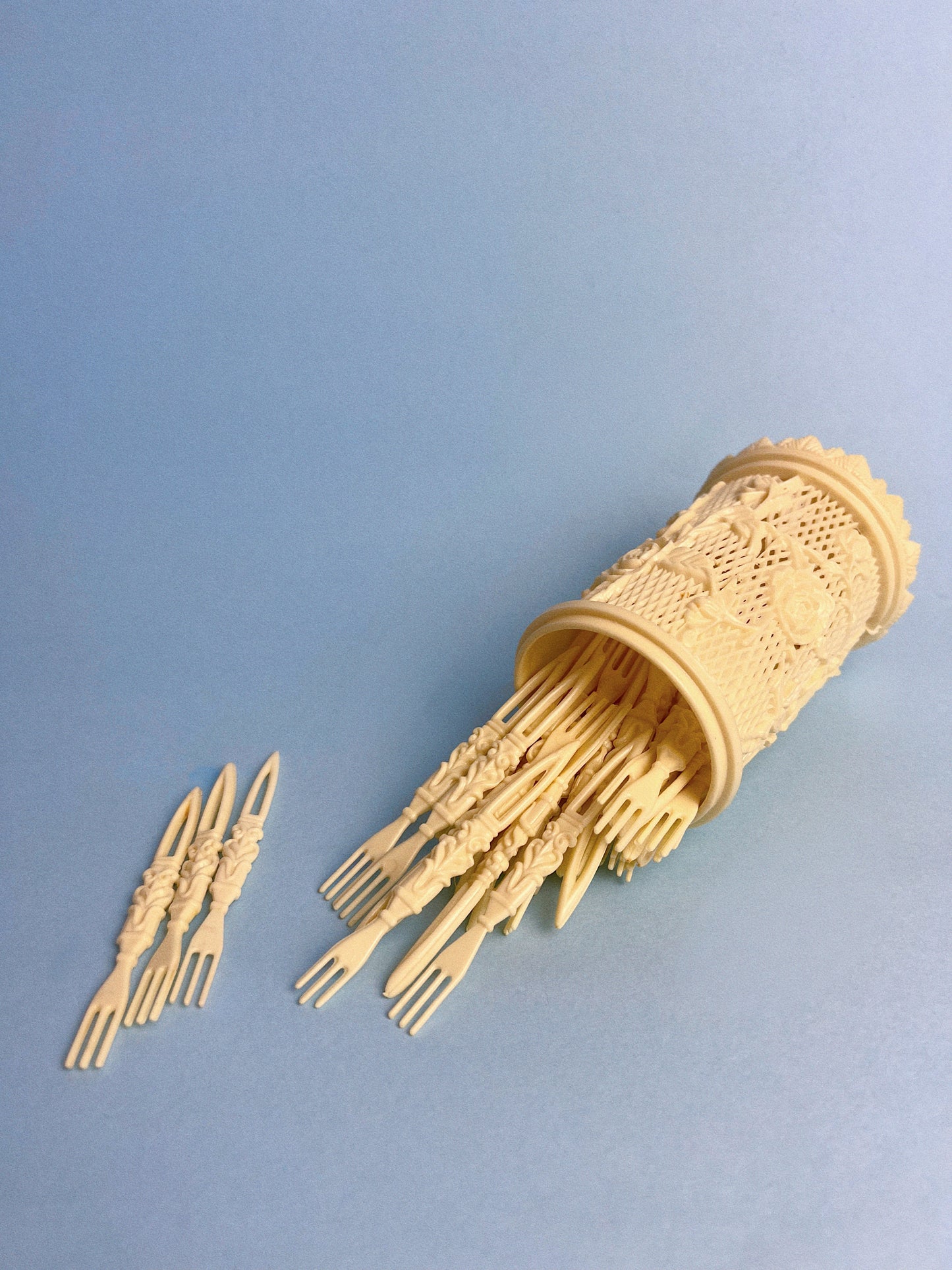 Mini Carved Celluloid Cocktail Forks + Lattice Holder