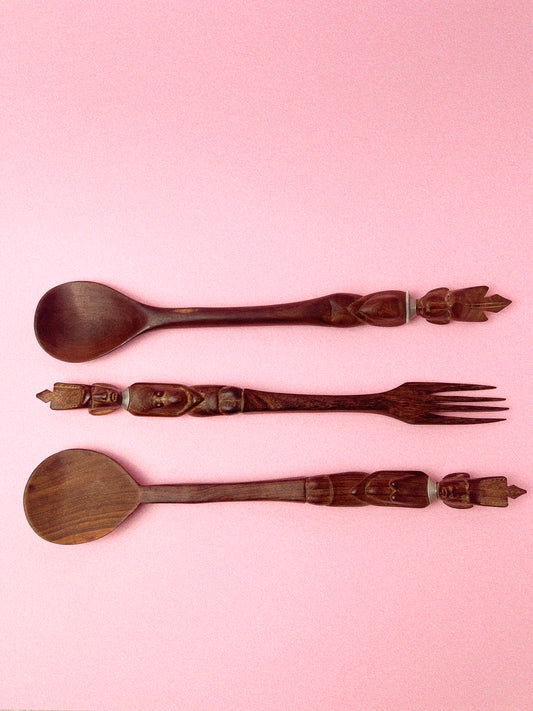 Ubangi Figurines African Wood, 3 Piece Serving Set