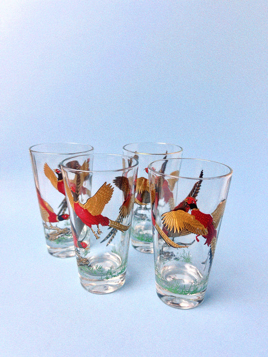 Pheasant Bar Set, 4 Glasses + Ice Bucket