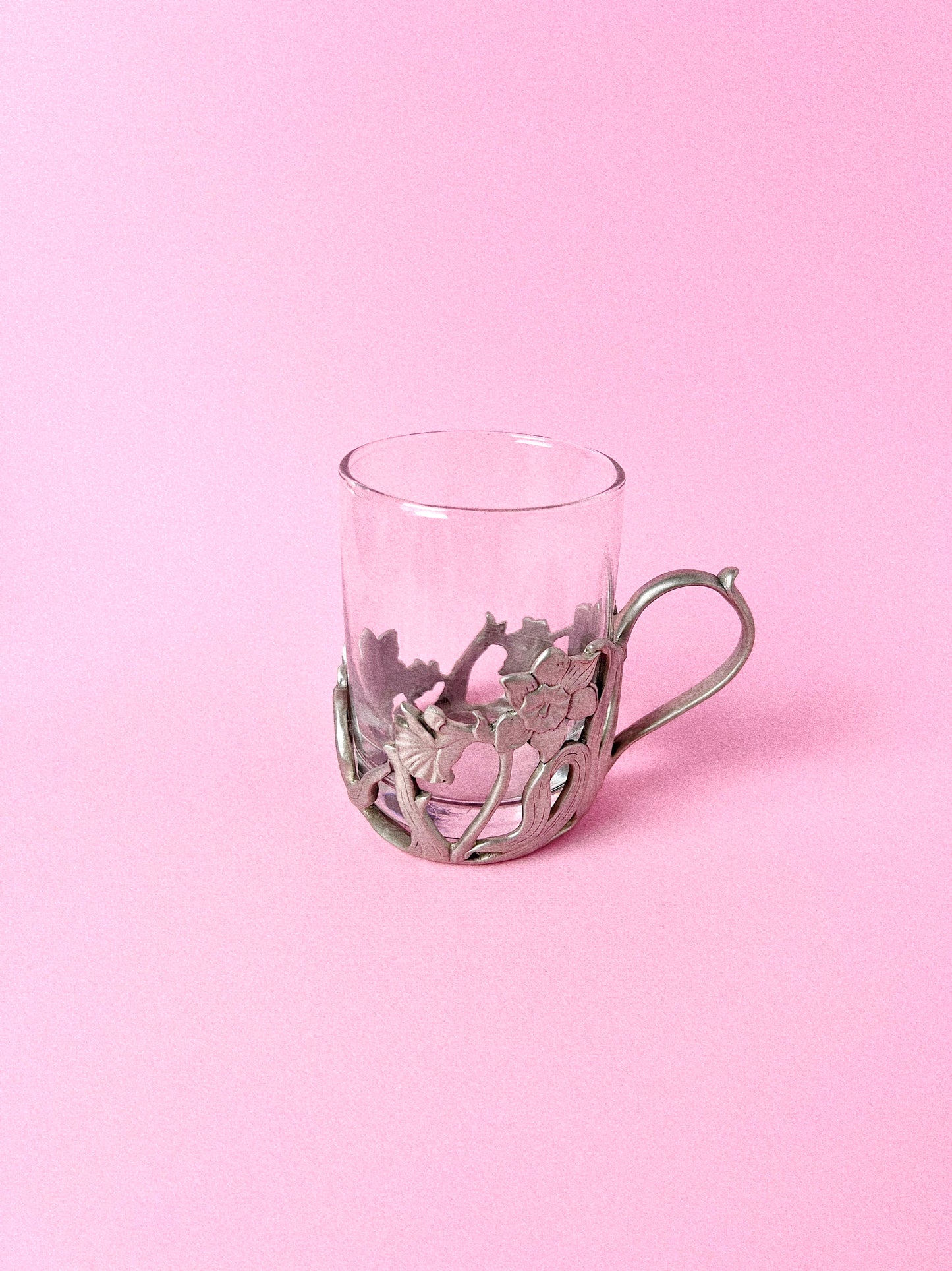 Vintage Etain Zinn Seagull Pewter Cup Holder with Glass