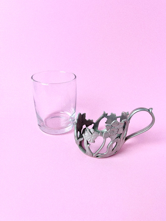 Vintage Etain Zinn Seagull Pewter Cup Holder with Glass