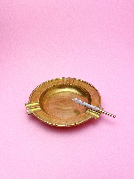 Vintage Hollywood Regency Bamboo Round Solid Brass Ashtray