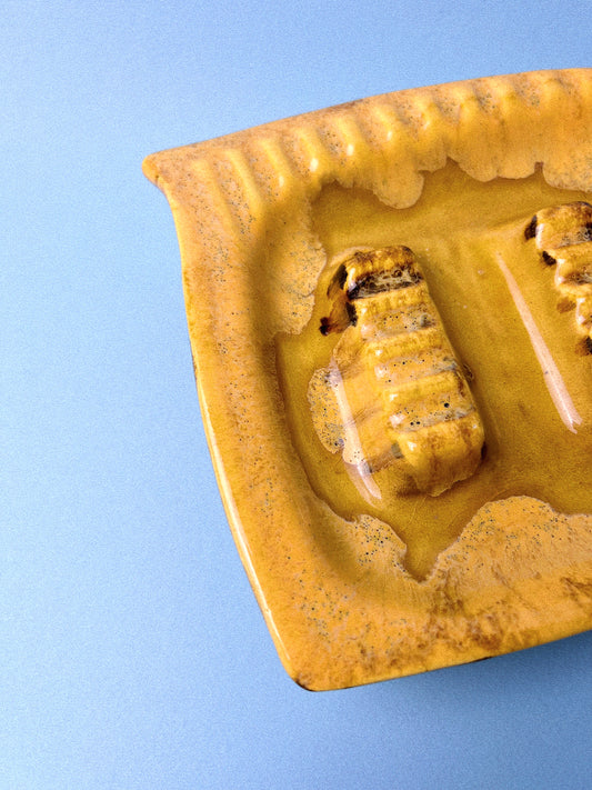 Vintage Yellow + Brown Drip Glazed MCM Ashtray