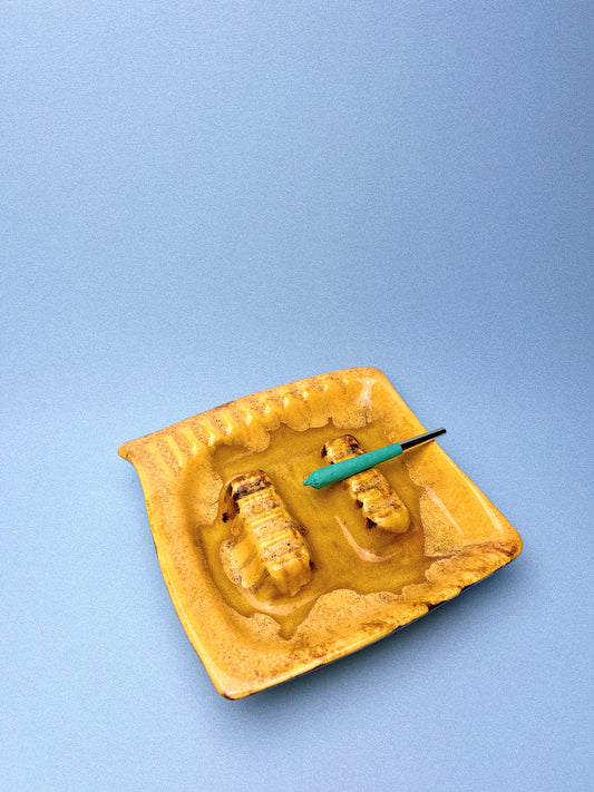 Vintage Yellow + Brown Drip Glazed MCM Ashtray